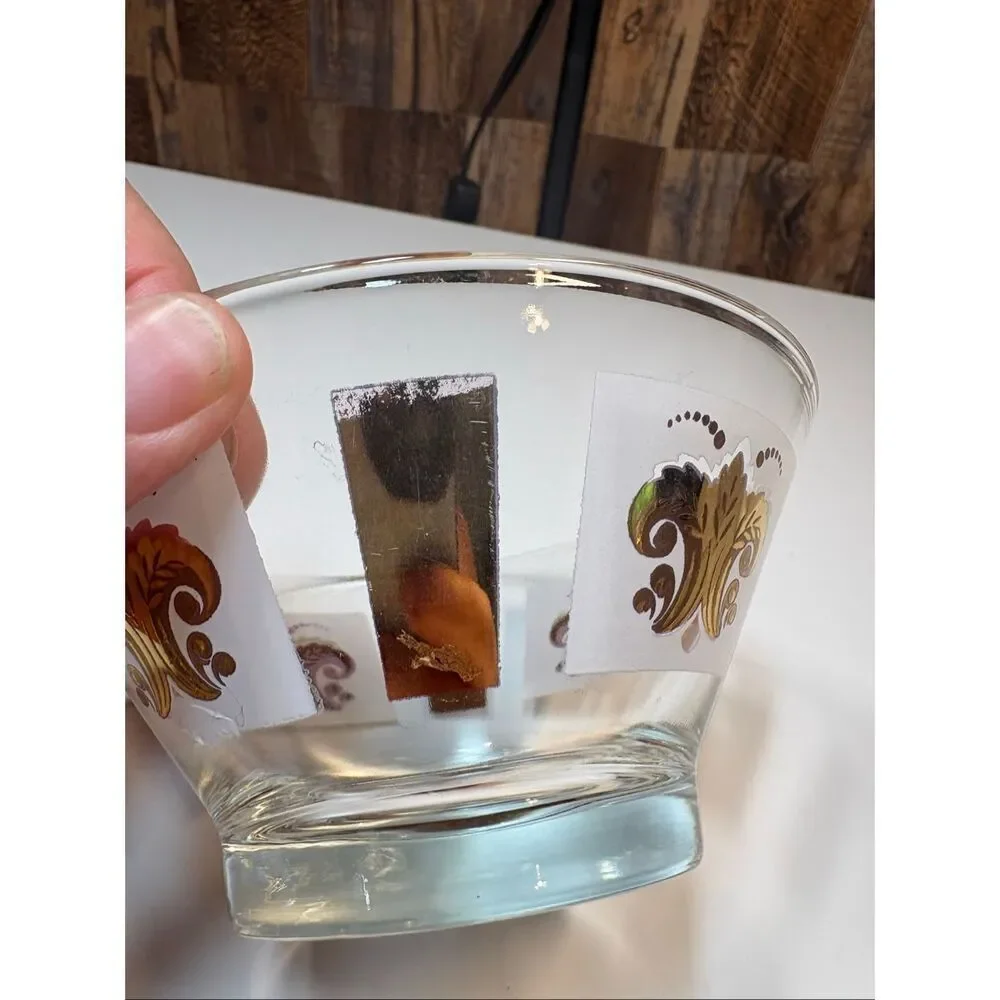 Vintage Mid Century Gold Scroll Barware Glass Bowl Atomic Style